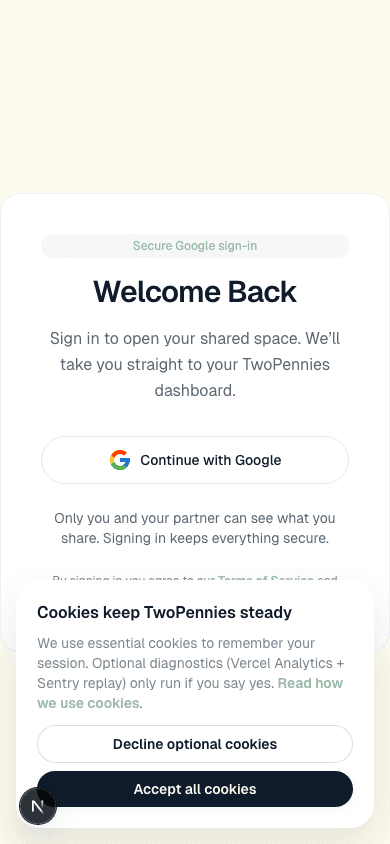TwoPennies mobile dashboard view showing shared and private balances