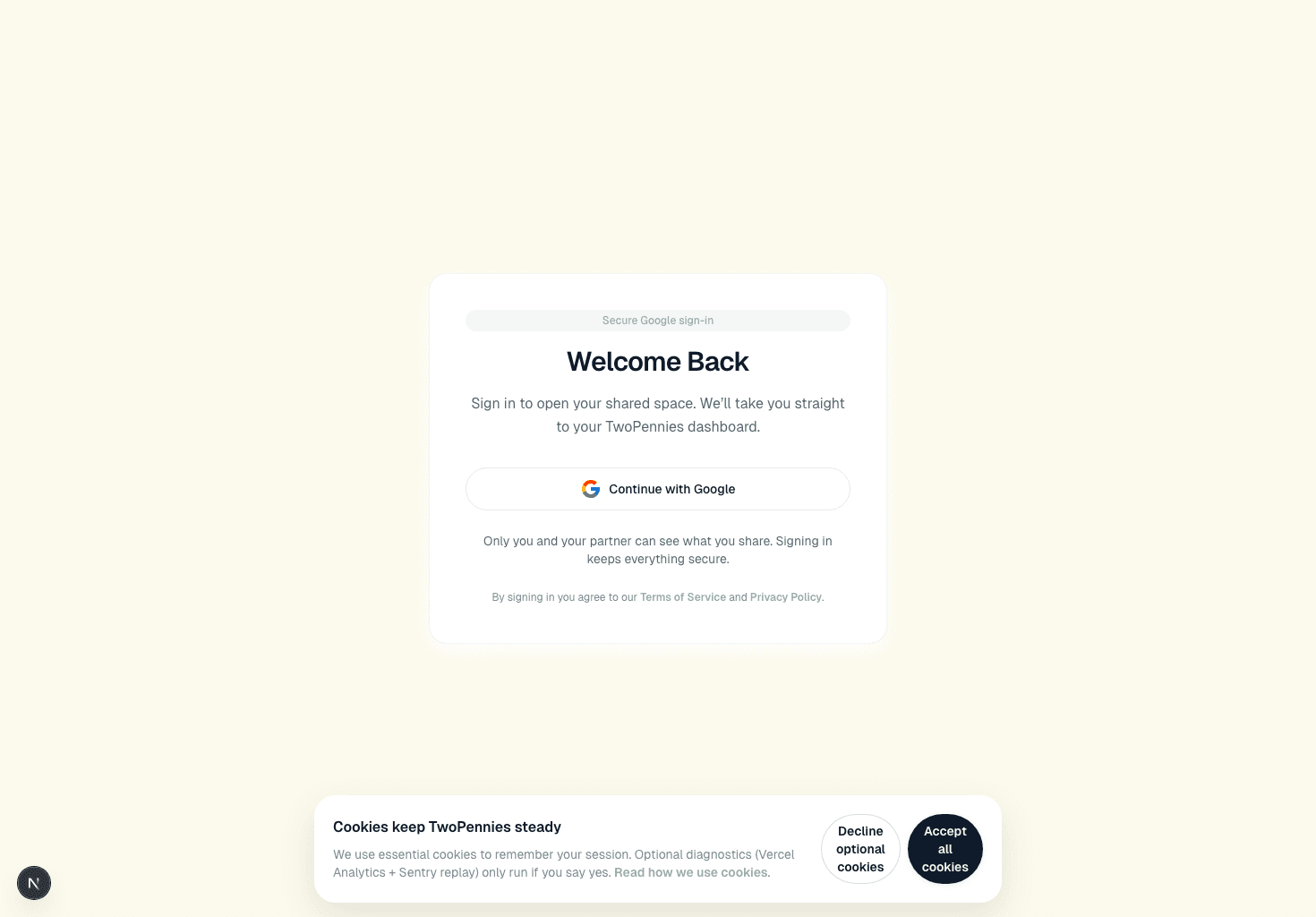 TwoPennies desktop dashboard showing shared overview for two partners